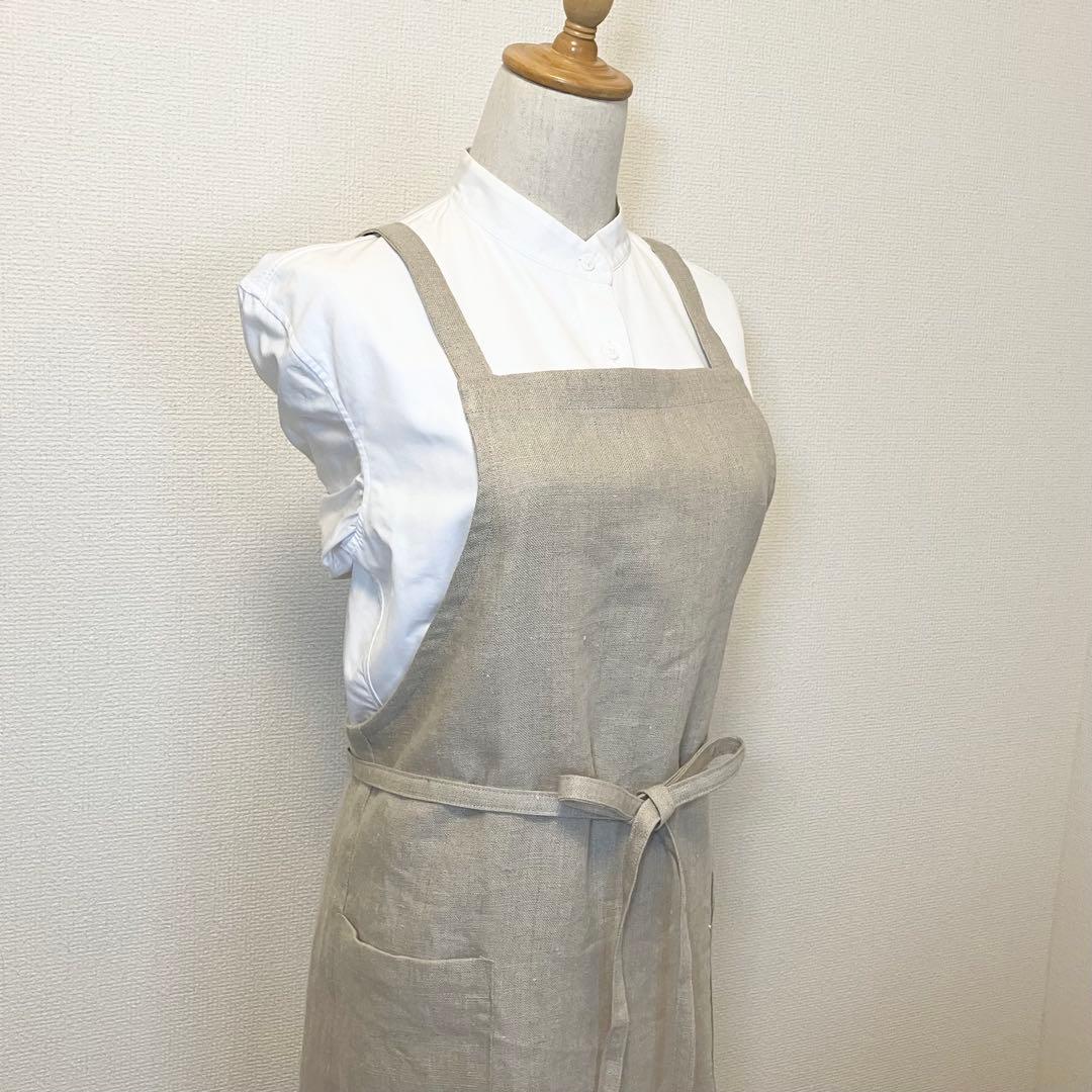 リネンエプロン　肩紐バッククロス《キナリ》肩が凝らないエプロン　ハンドメイド