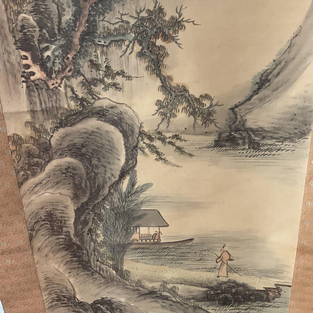 田能村直入 絹本着色山水画【高士観山水景図】 落款印譜在 合箱 模写