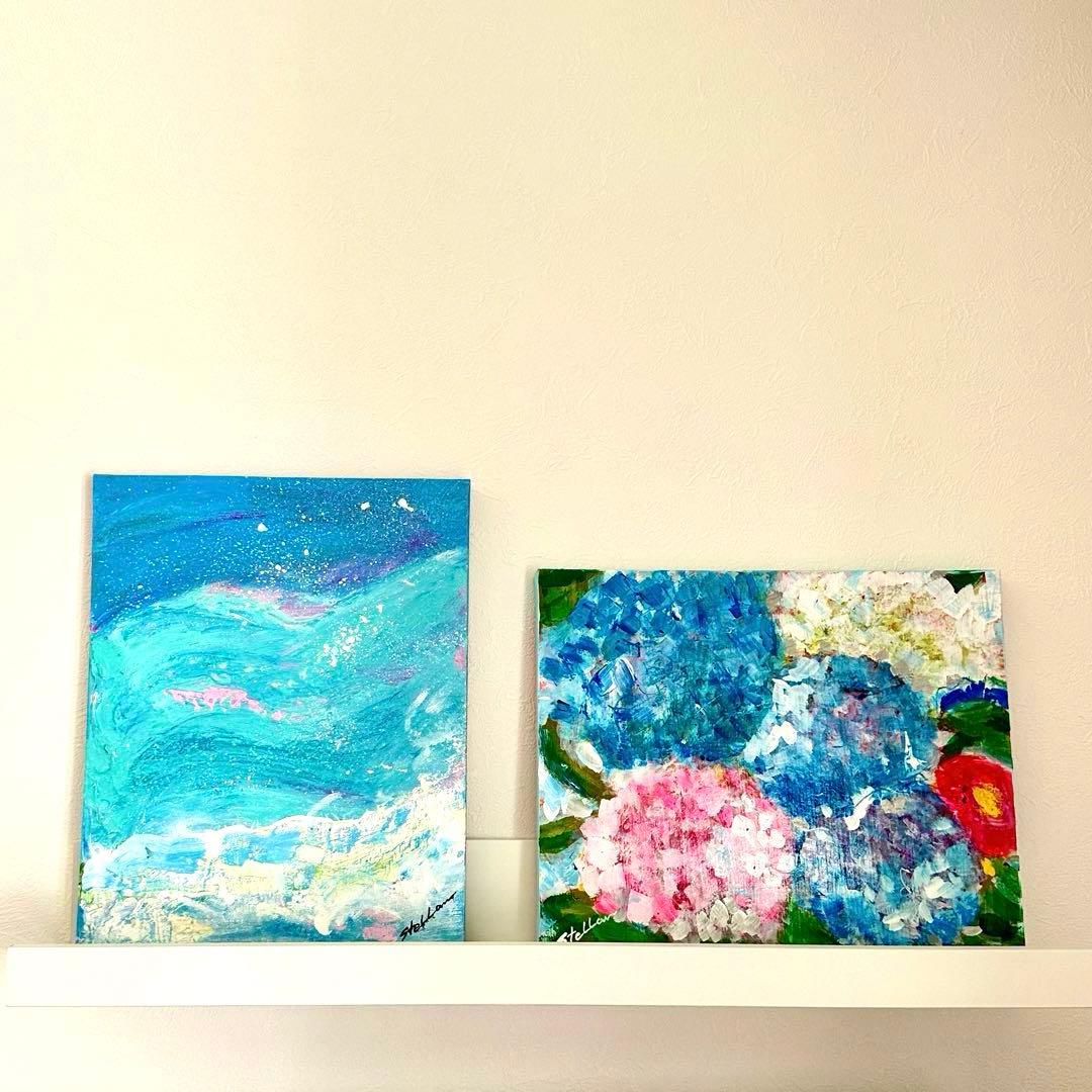 原画　現代アート　お洒落　花　花の絵　店舗インテリア　フラワーアート　青　壁掛け