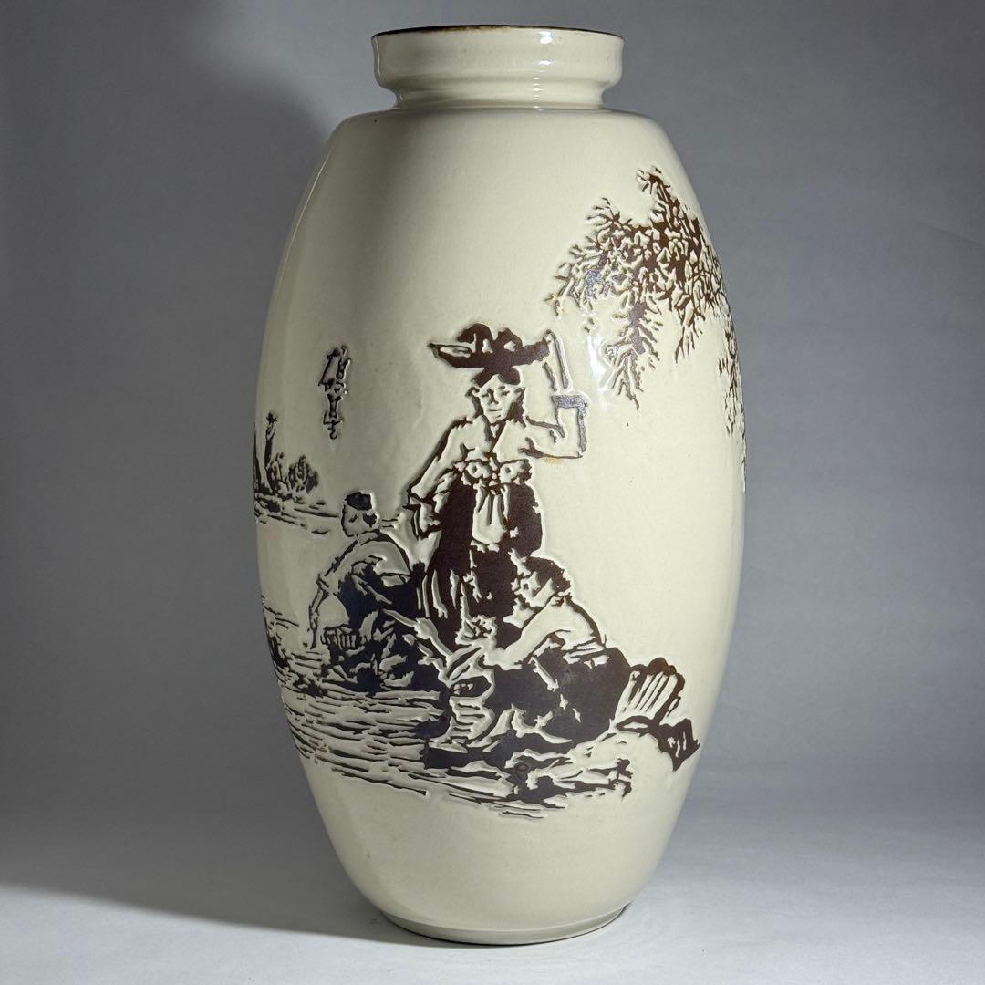 ◆韓国無形文化財【曹基正】作 白磁浮彫人物図大花瓶 45.3cm 無等窯 共箱◆