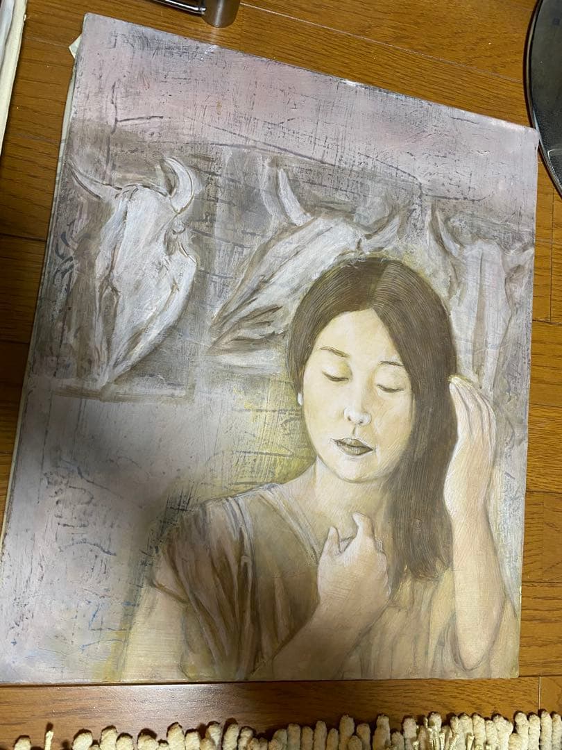 女性の肖像 木炭画 フレーム付き　:38cm×44.5cm