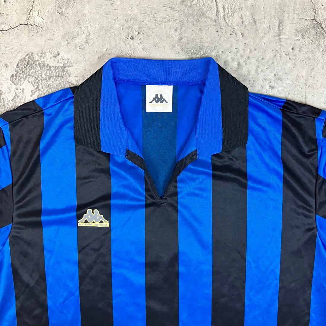 【未使用】90s Kappa 長袖サッカーシャツ #4 日本製 縦縞 青黒 XL