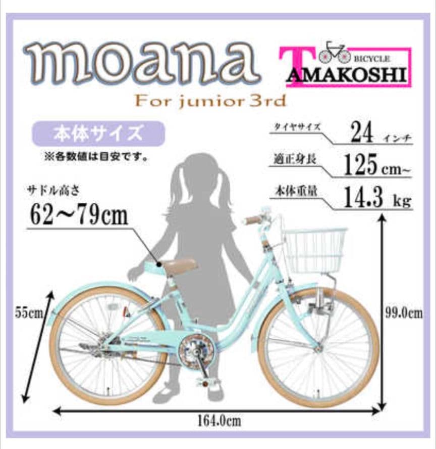 【群馬引取り専用】24インチ子供用自転車 Moana水色 前面バスケット付き