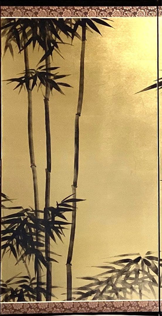 四つ折り屏風　日本画　金箔彩色　『観音竹』