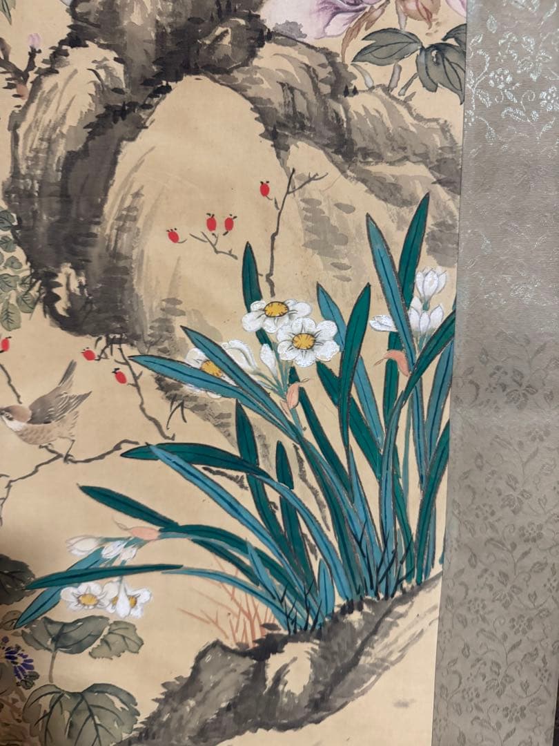 水墨画 鳥と花 署名入り　掛け軸