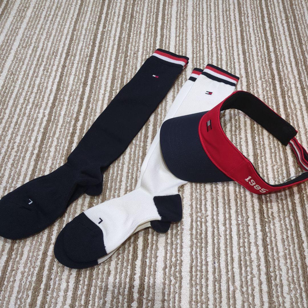 トミーヒルフィガー ゴルフウェアホワイト×ネイビー ソックスバイザー付