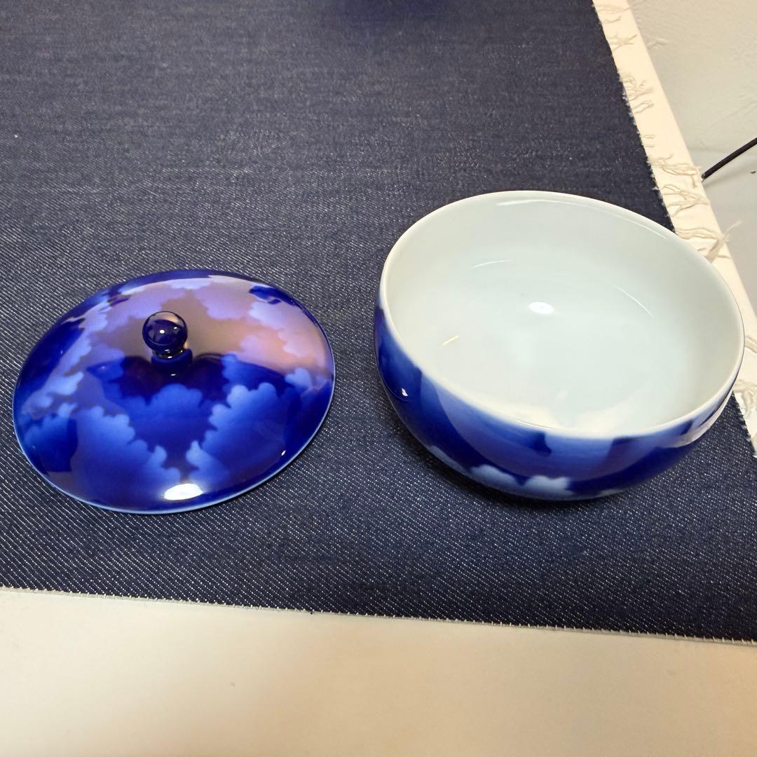宮内庁御用達 深川製磁 瑠璃 山水 蓋付湯呑 7客揃 美品 有田 フカガワブルー