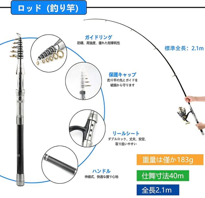 釣り竿セット 2.1m日本語入門ガイド付き 初心者炭素伸縮ロードスピニングリール