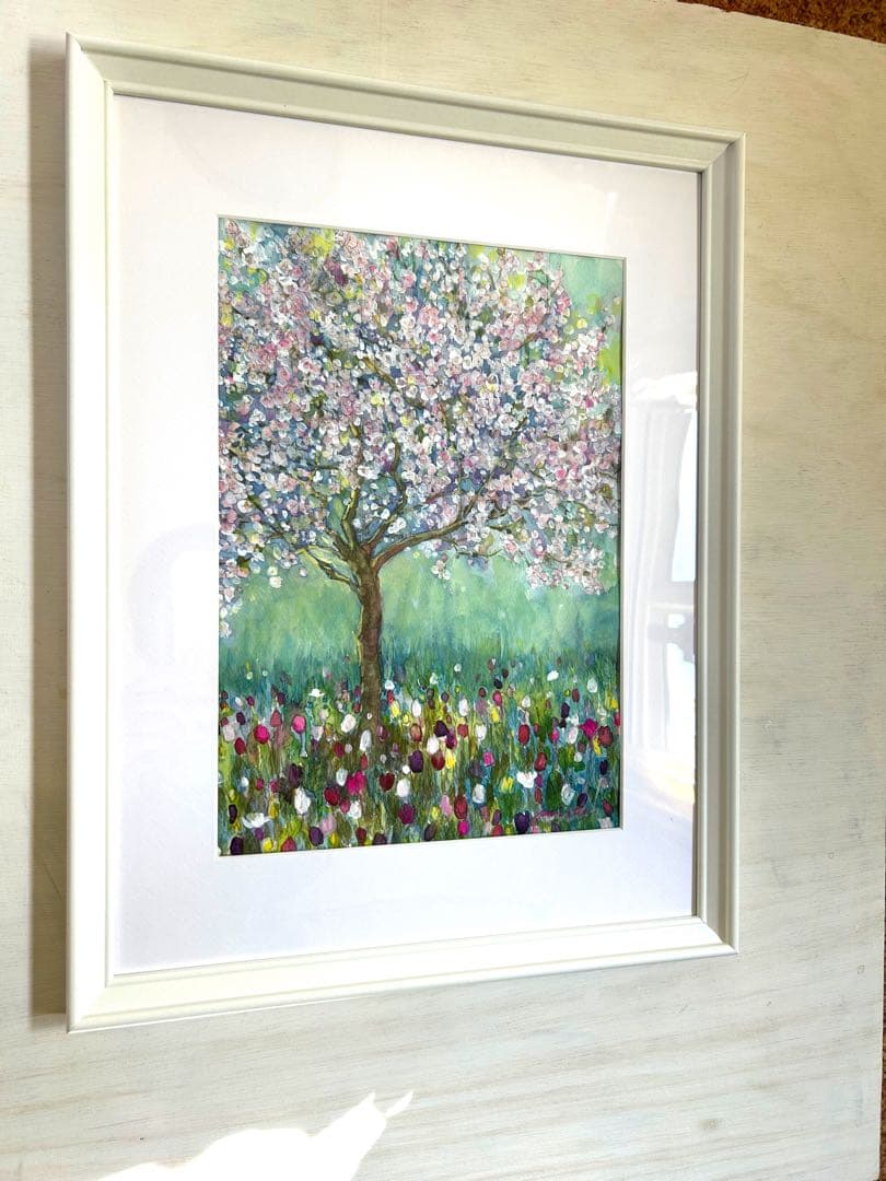 陽光さすアーモンドの木　水彩画　ホワイト額入り