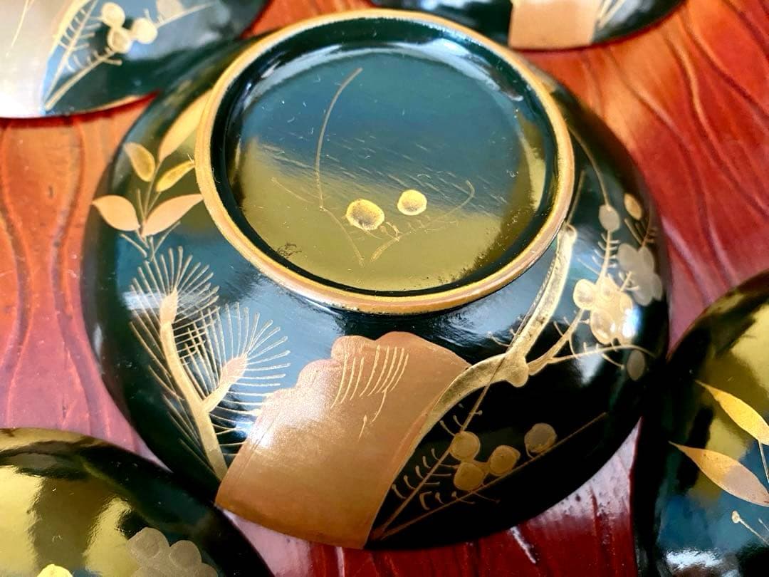アンティーク 明治 天然木 青塗内朱 金蒔絵 松竹梅 金縁 蓋付 お椀 5客