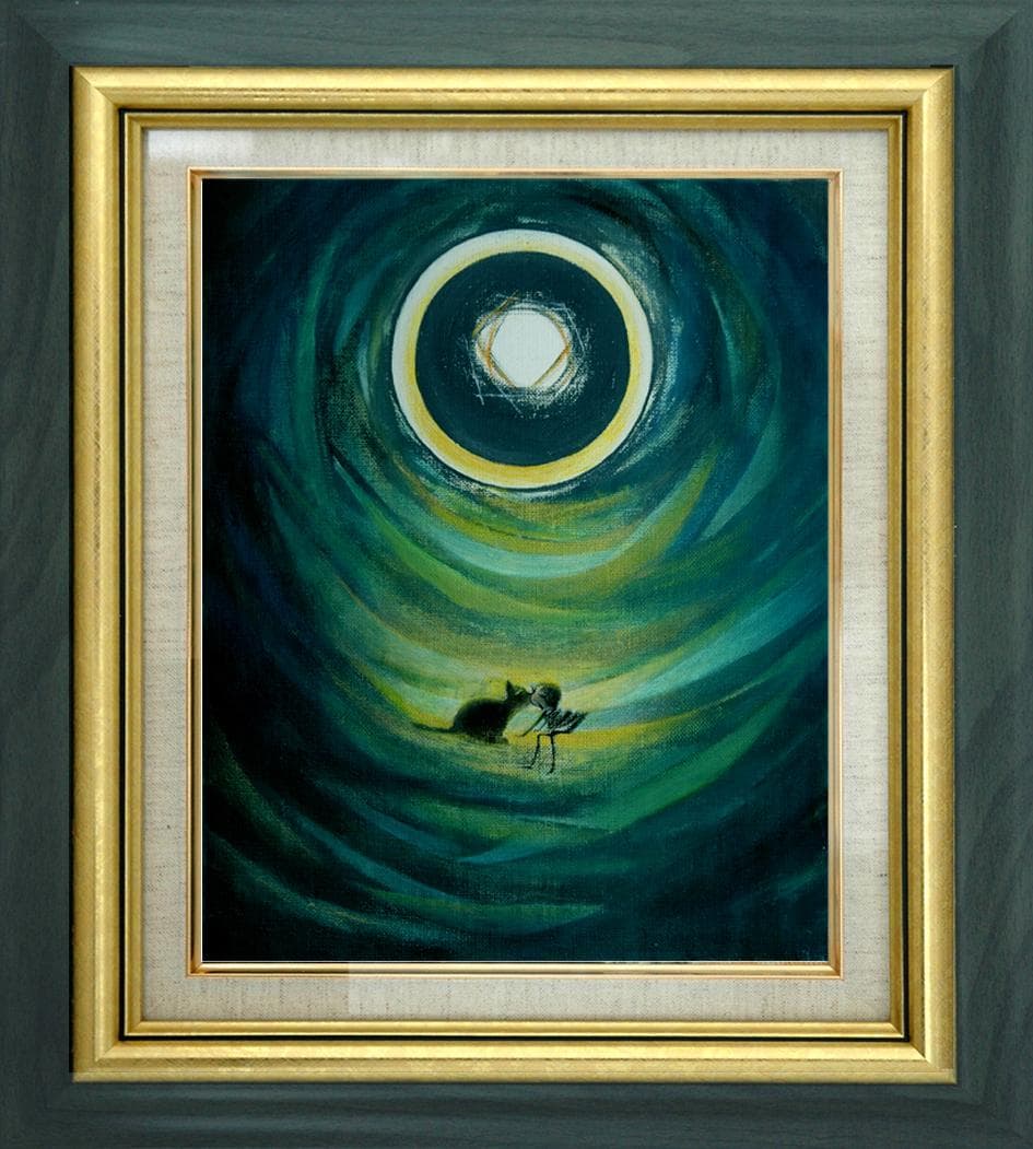 油絵 菅家令子絵 絵画インテリア額付(淡い銀青緑 ) F3-031119猫女の子