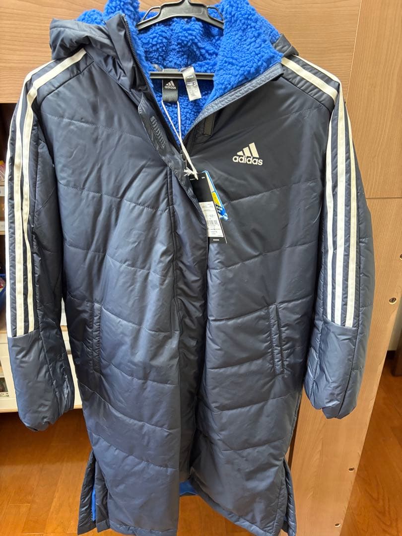 adidas フリース裏地 ロングベンチコート ネイビー 新品タグ付き150㎝