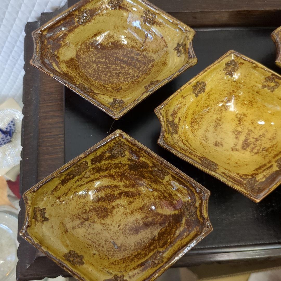 骨董　向付　黄瀬戸　変形皿　脚付き　在銘　懐石膳　会席　5つ