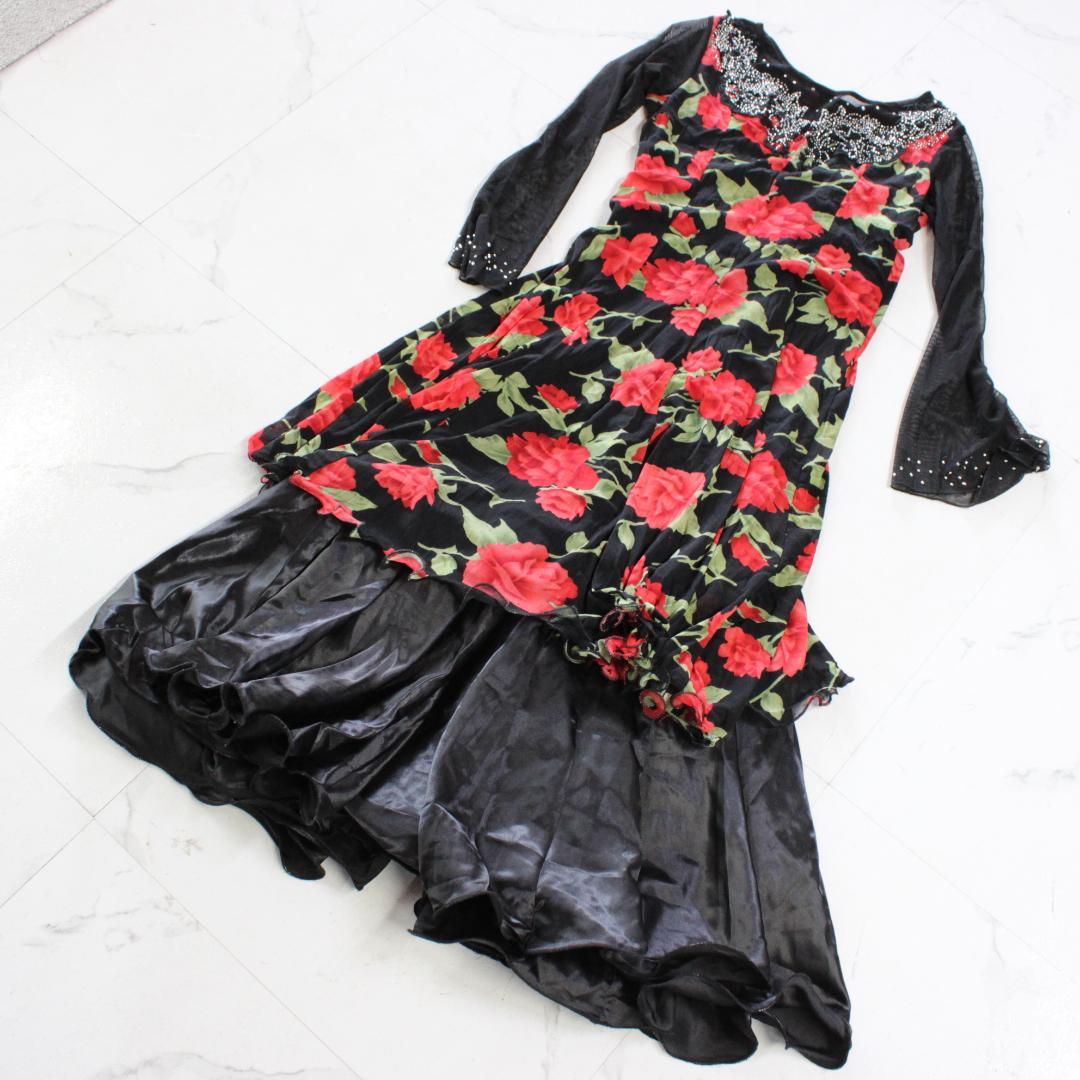 【美品 社交ダンス衣装】ワンピース ドレス 黒 赤 緑 花柄 フラワー