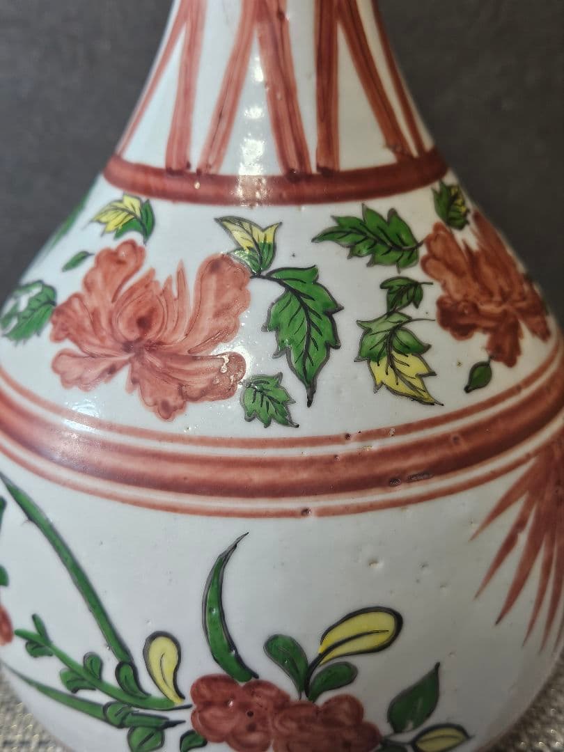 【時代古作品❗】中国古陶磁器　清代～民国期　清朝民窯　色絵　草花の図　大瓶　花入