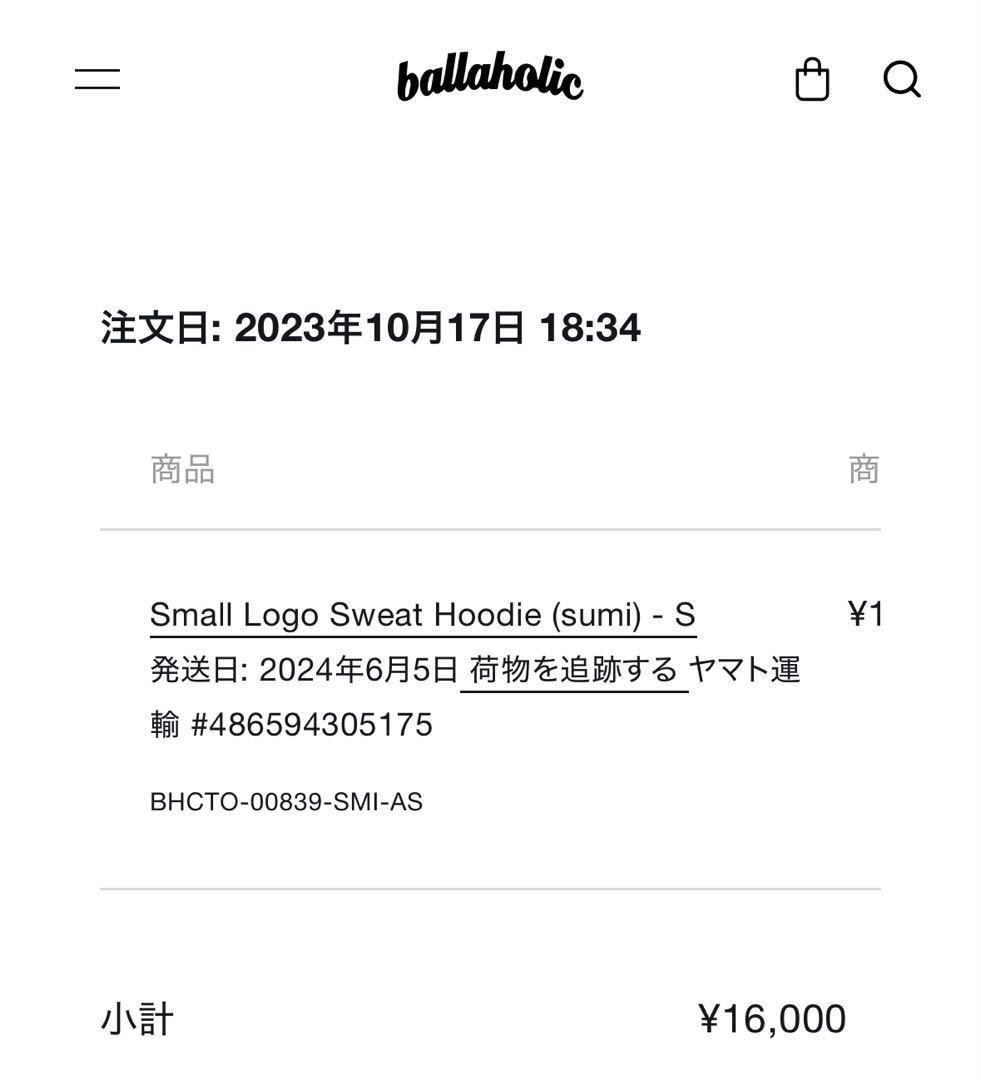 bollaholicボーラホリック　スモールロゴスウェットパーカー　スミクロS