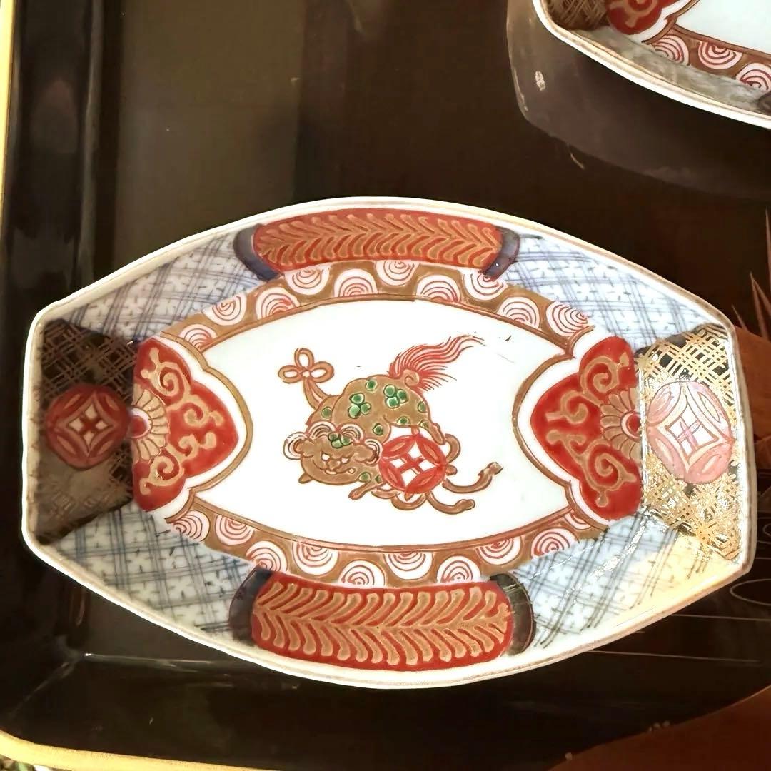 2236様感謝‼️‼️上手伊万里唐獅子牡丹富貴繁栄の舟形膾皿切支丹皿刺身皿 5客