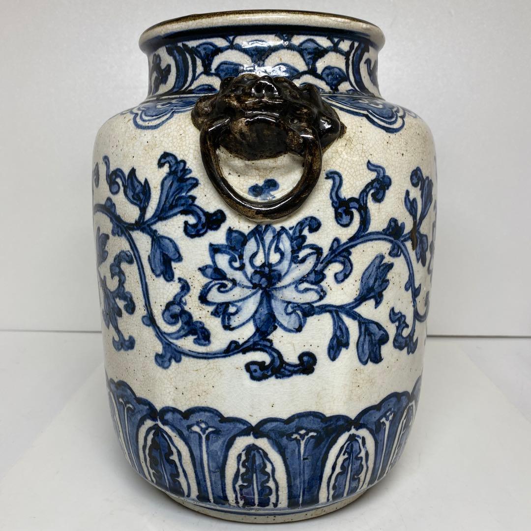 江戸後期　犬山焼　染付　獅子耳　花瓶　h26cm 東K7-1207② タエオ