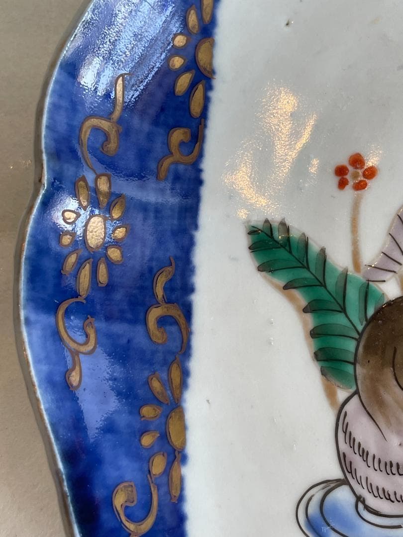 古伊万里 色絵 夫婦鳥図 オシドリ 鴛鴦 吉祥文 輪花皿 江戸後 明治初 飾皿