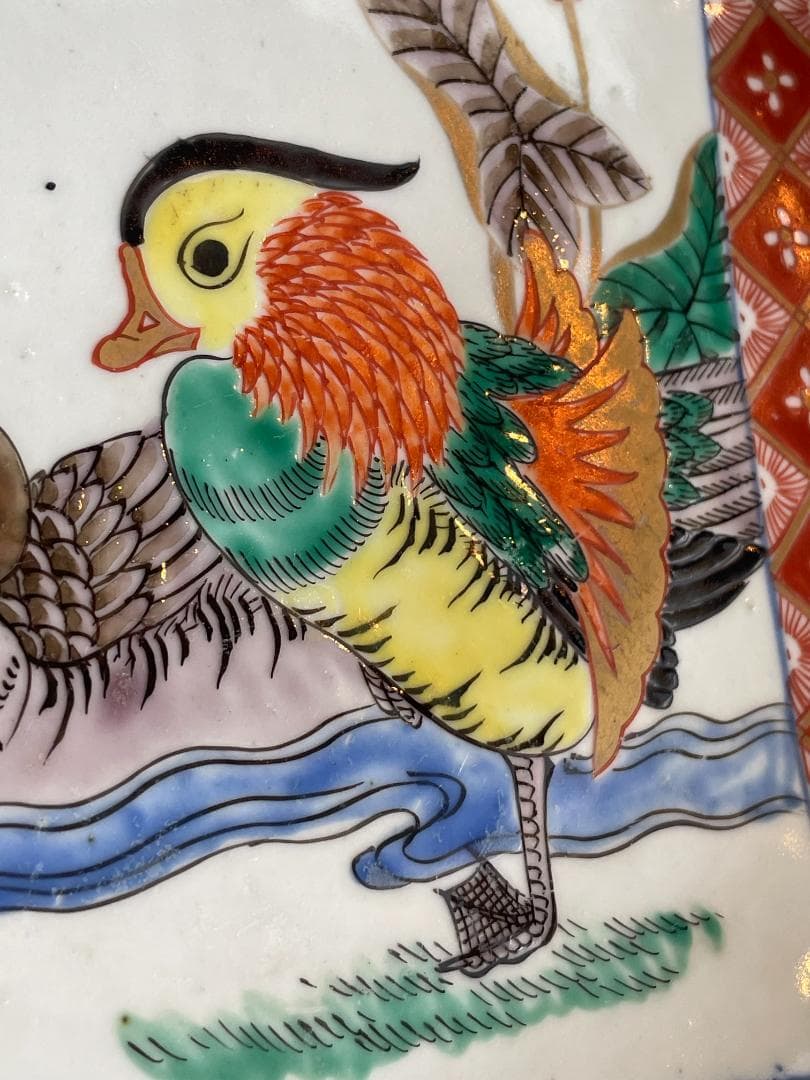 古伊万里 色絵 夫婦鳥図 オシドリ 鴛鴦 吉祥文 輪花皿 江戸後 明治初 飾皿