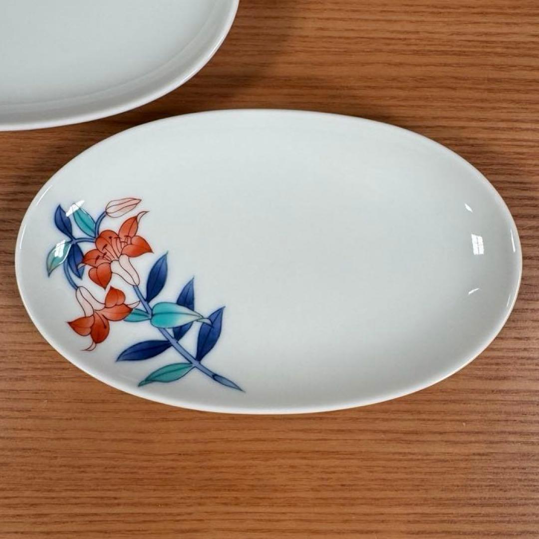 伊万里焼：畑萬陶苑：五草花 赤ユリ 楕円小皿×3枚セット☆