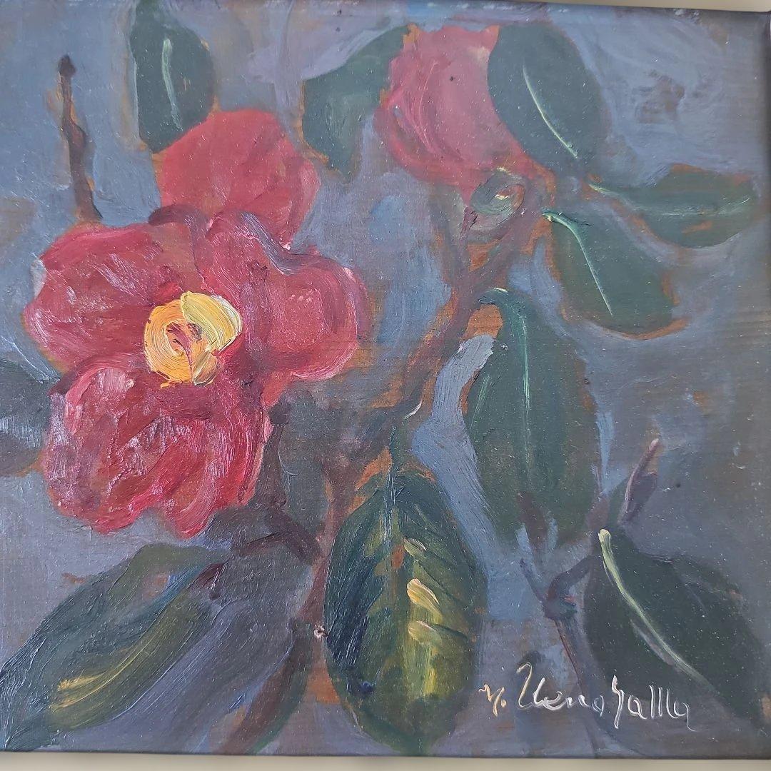 上野山清貢「寒椿」油彩画 F3号 板絵