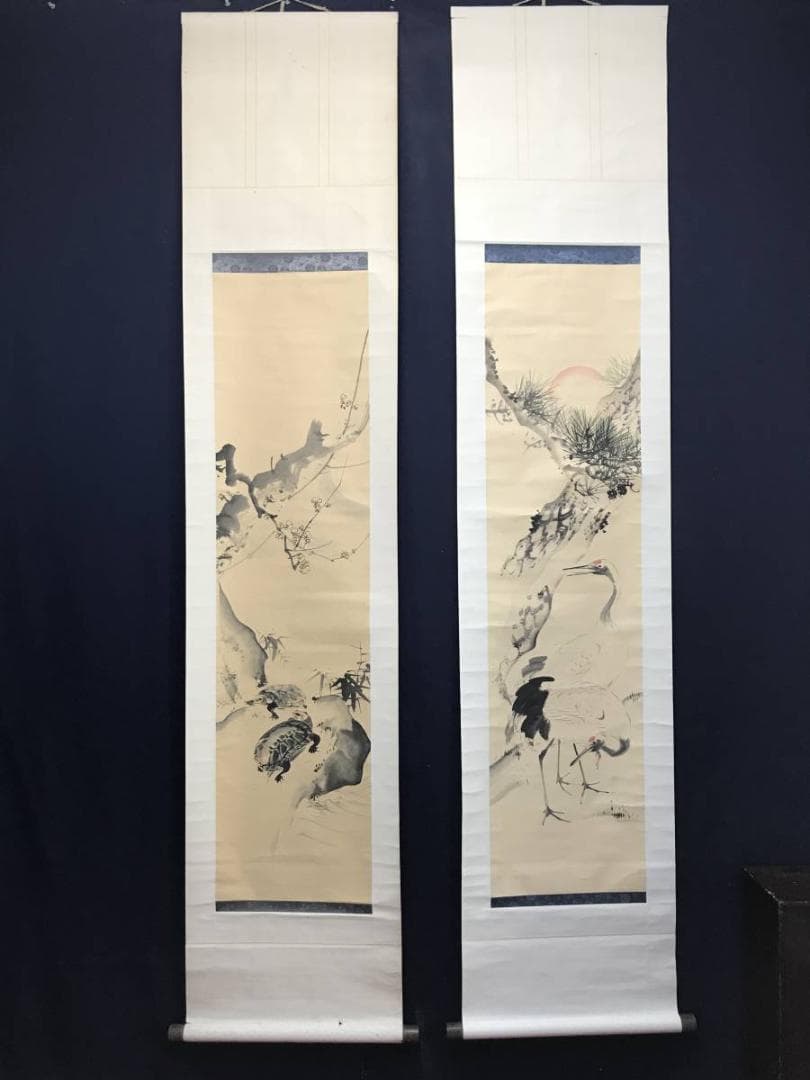 作者不詳/鶴亀図/鶴図/亀図/双幅/掛軸/名家伝来/AC-759