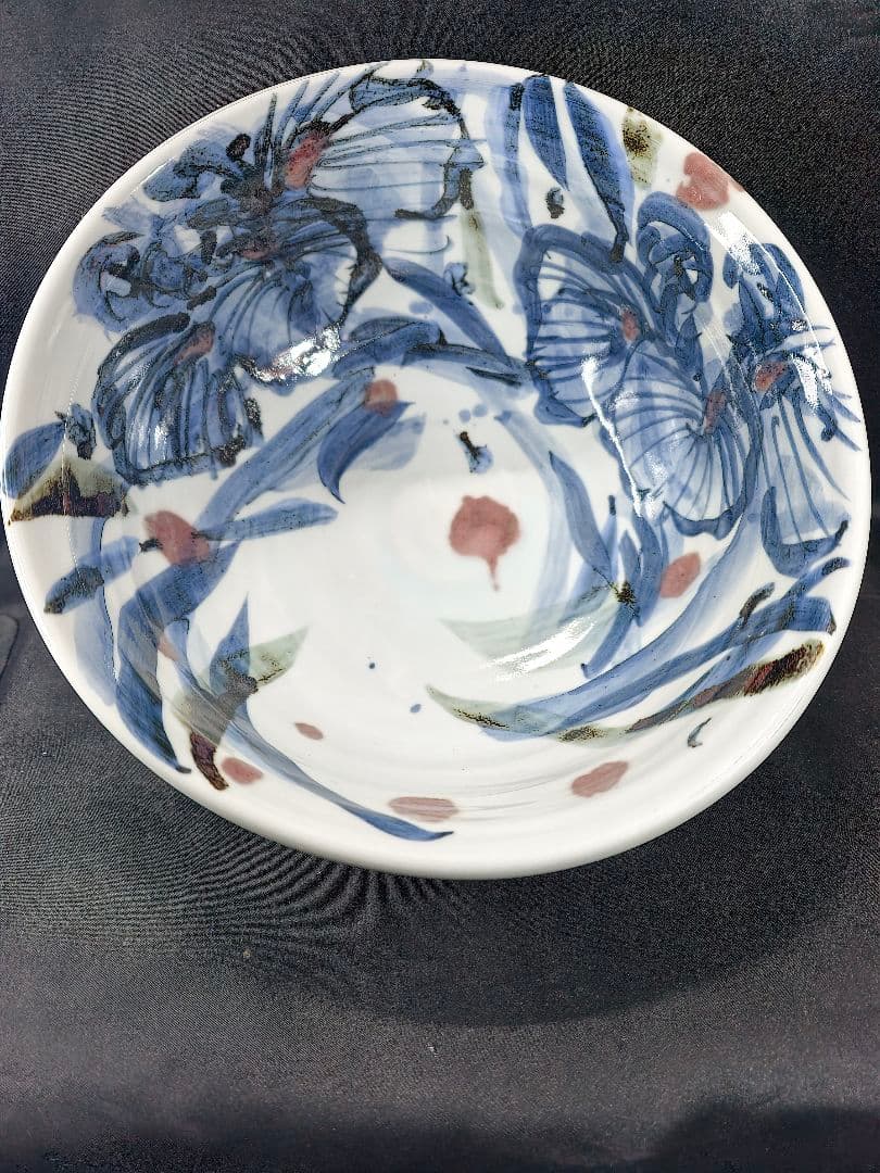 陶芸家梅田純一作品 赤絵手描き深鉢 鉄釉 共箱 蒐集家放出美品 未使用蔵出し