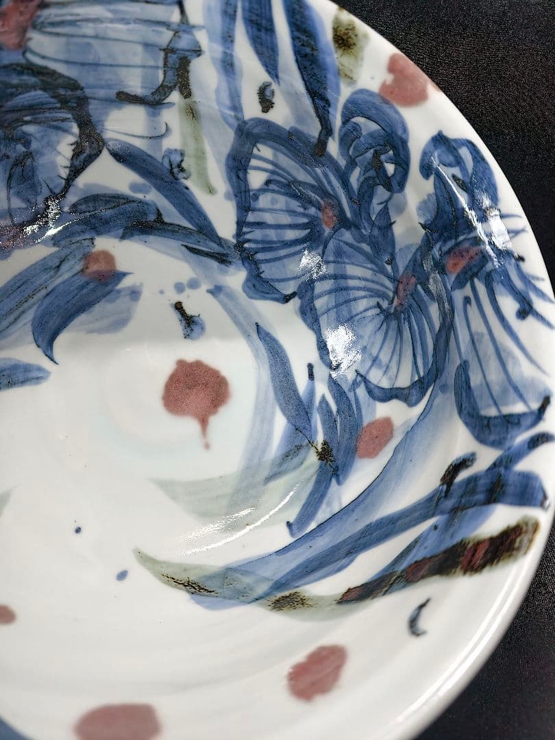 陶芸家梅田純一作品 赤絵手描き深鉢 鉄釉 共箱 蒐集家放出美品 未使用蔵出し