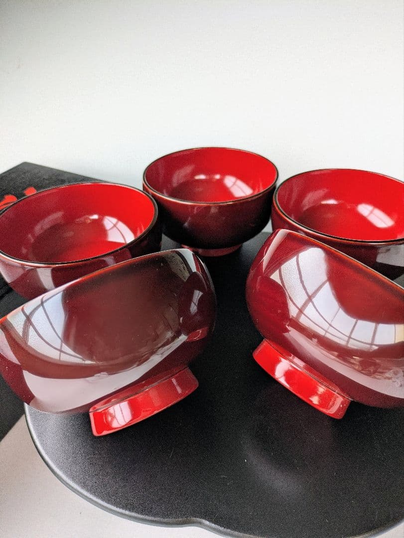 越前塗　越前漆器　天然木　汁椀　溜内朱 　五客