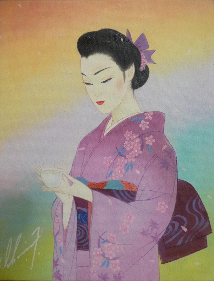 絵画 油彩　鶴田一郎「美人画」 サイン　F6サイズ　額装済み 肉筆手描き