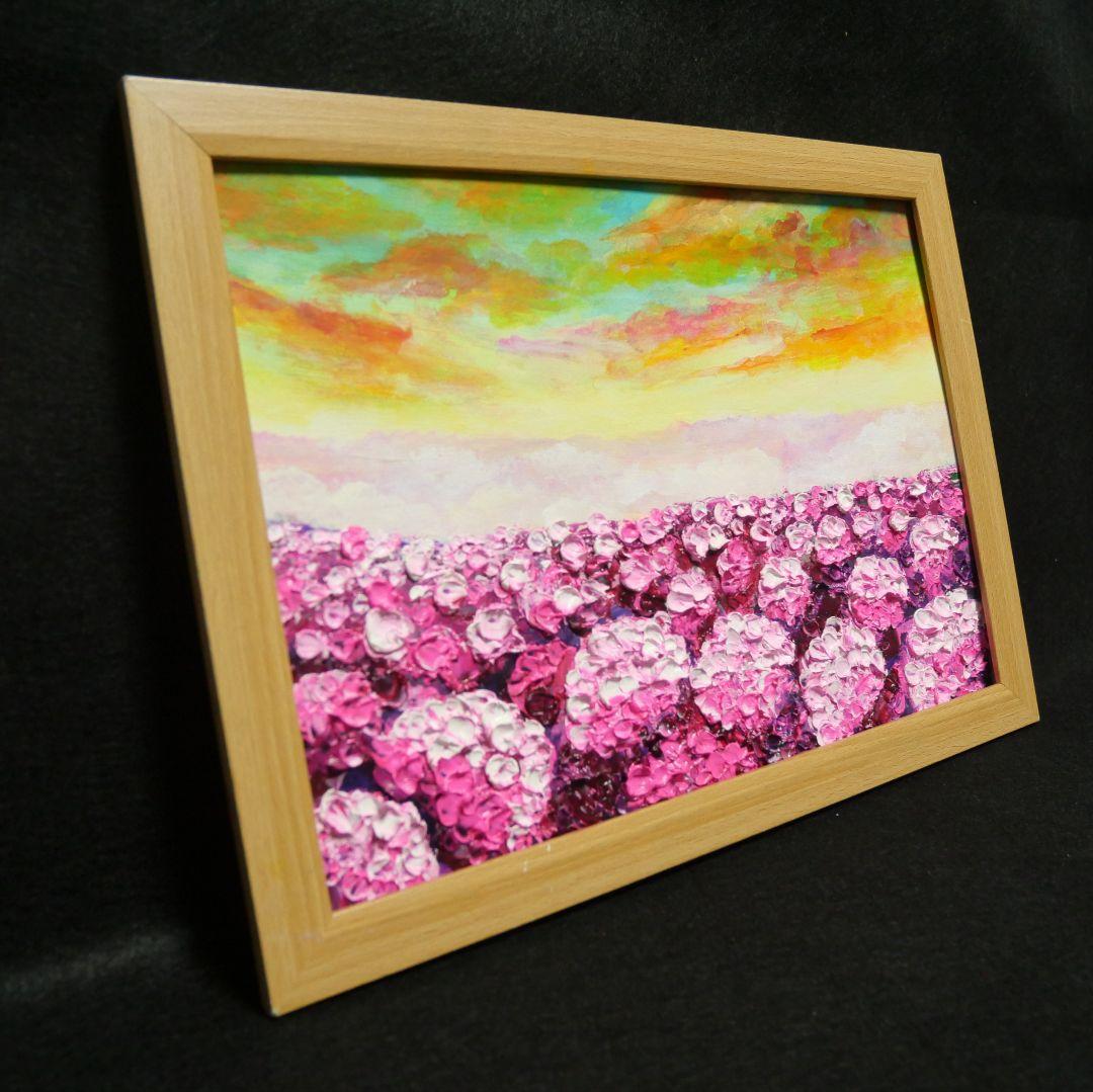 油絵 油彩 油彩画 絵 絵画【天空の夕日と紫陽花】