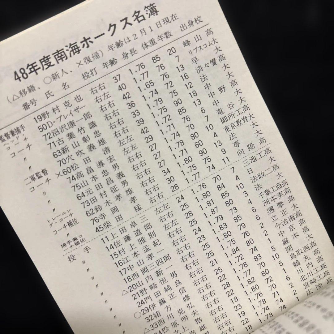 ジャイアンツ選手手帳　1973年