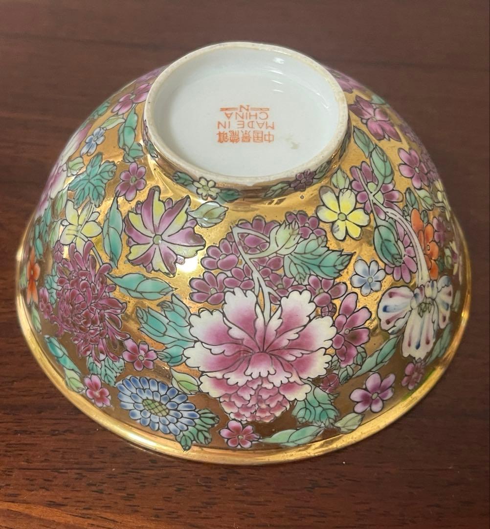 中国景德鎮60～70年代輸出品.金地百花牡丹柄お碗5個セット。希少美品。蔵品。