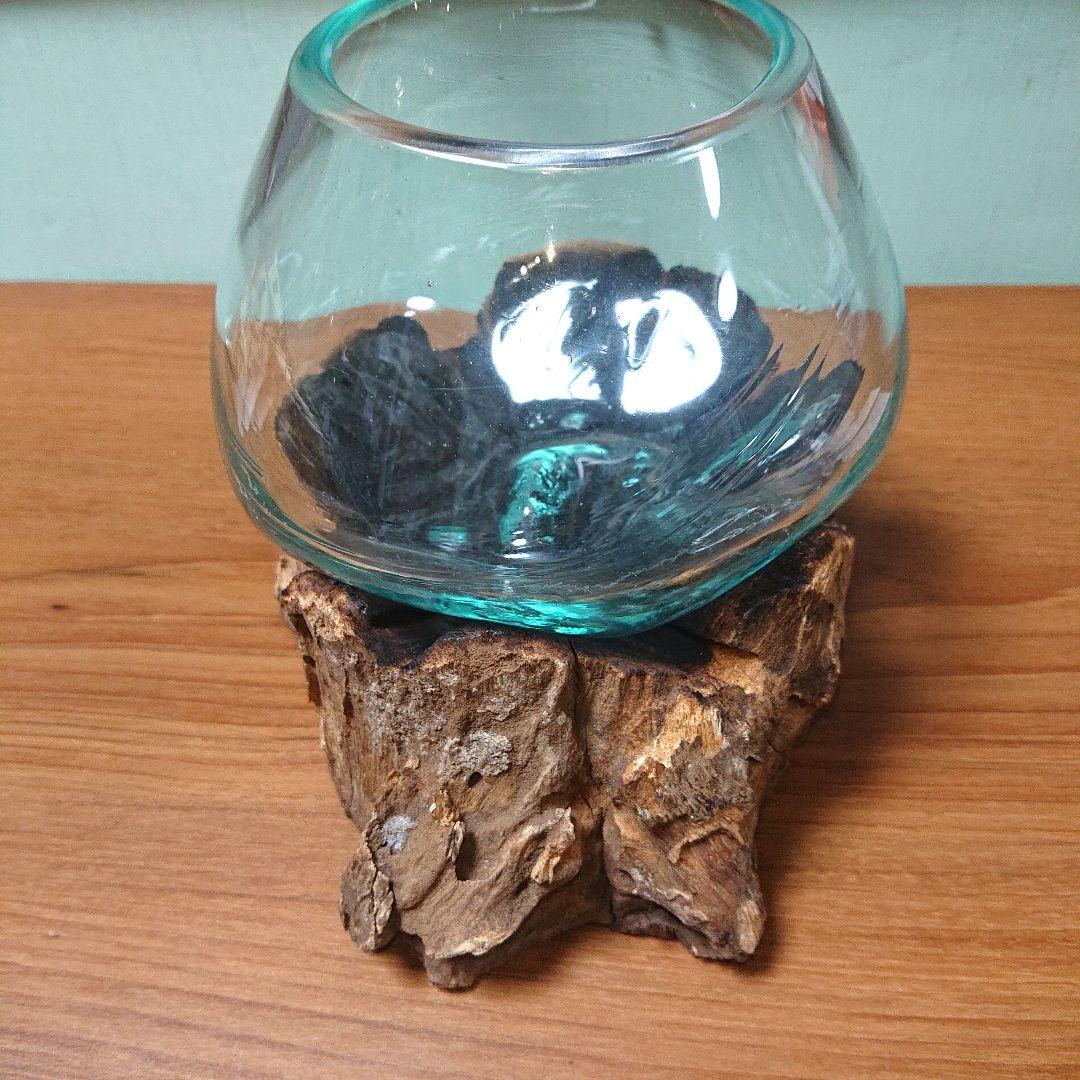 カフェ、喫茶店におすすめ！激レアハンドメイド花瓶ガラス木台セット金魚鉢水槽新品②