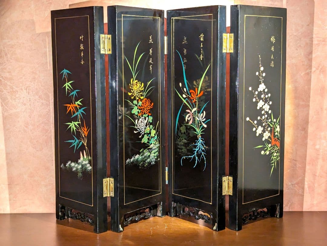 屏風　中国玉石装飾細工　春夏秋冬　　　　　骨董美術品　古美術品