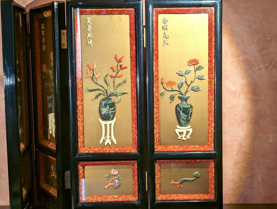 屏風　中国玉石装飾細工　春夏秋冬　　　　　骨董美術品　古美術品