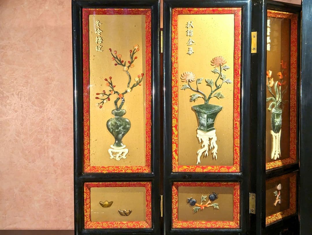 屏風　中国玉石装飾細工　春夏秋冬　　　　　骨董美術品　古美術品