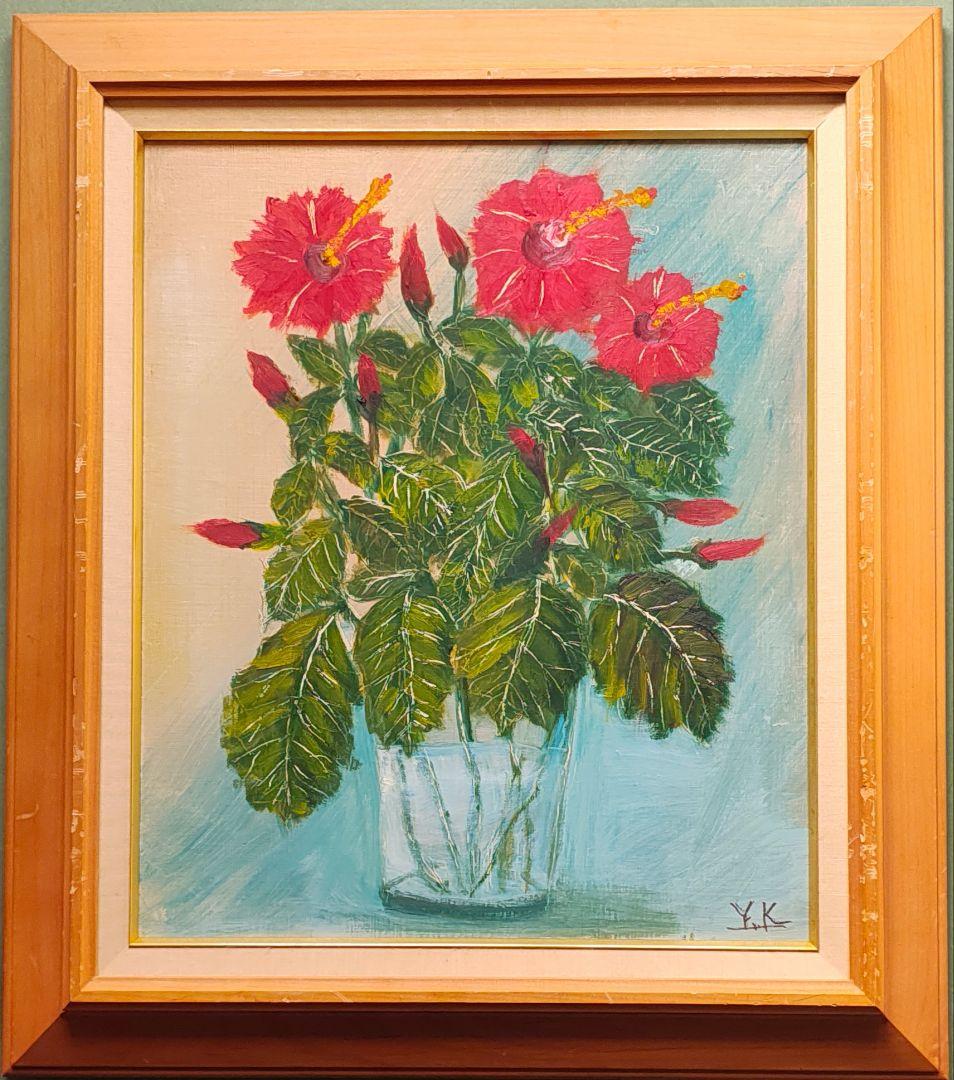 【F8原画2枚 + 額縁付】油彩画 紫陽花とハイビスカス 季節と気分次第で。
