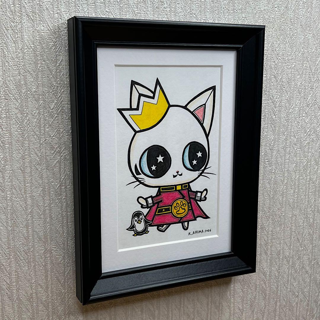 動物 原画 絵 手描き 癒し 猫 アート 一点物 額縁付『ピンク』