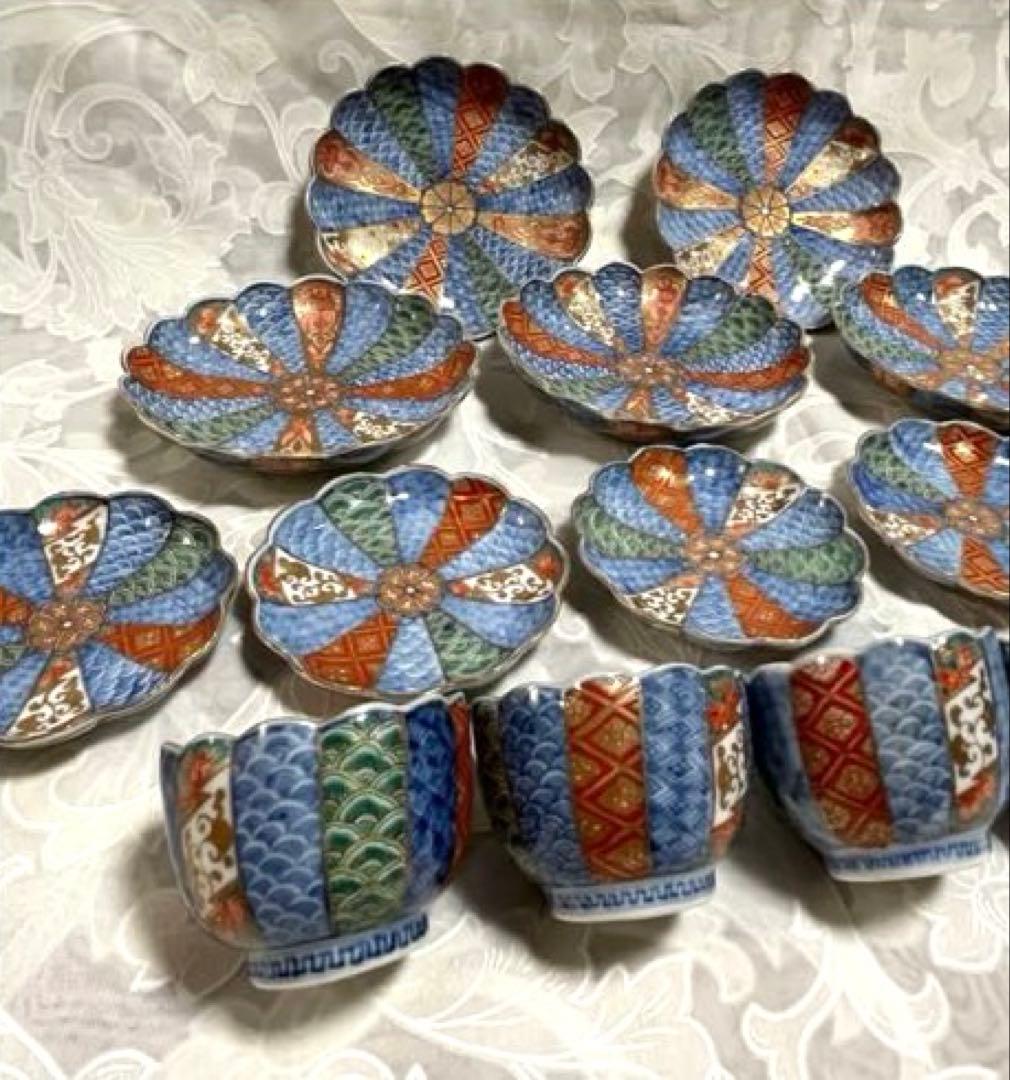 古伊万里　青海波・色絵・金彩画(小皿　豆皿　ぐい呑み)５客セット