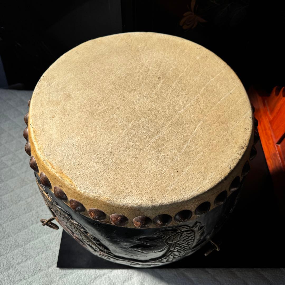 【希少】龍と星 彫刻 漆器 和太鼓 胴長太鼓 1尺2寸 経台&バチ付き