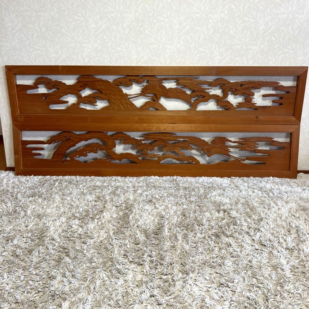 欄間らんま 古民家取壊し品 松と鶴の手彫り彫刻 建具 DIY