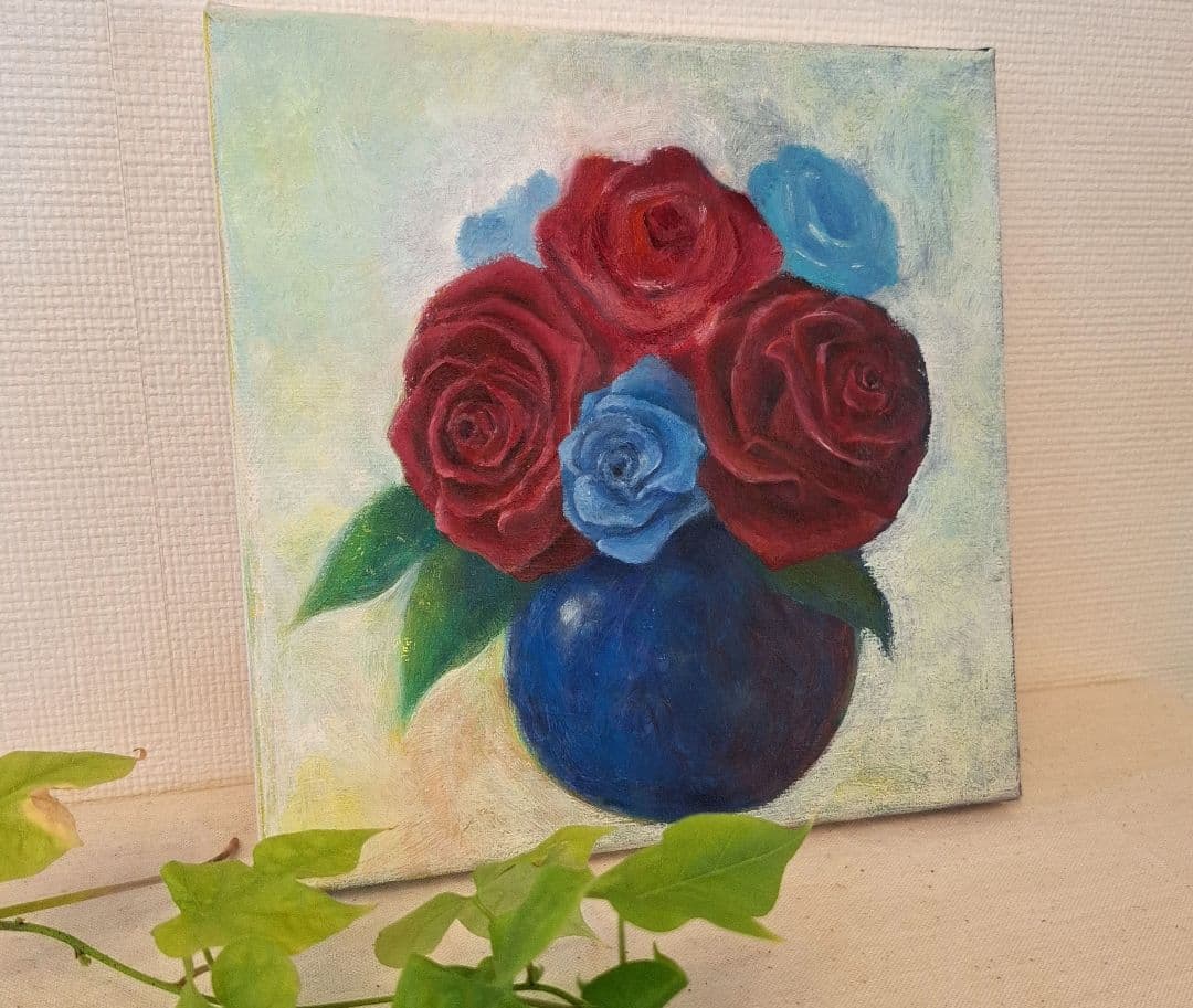 油絵『青い花瓶と薔薇』Ｓ０号