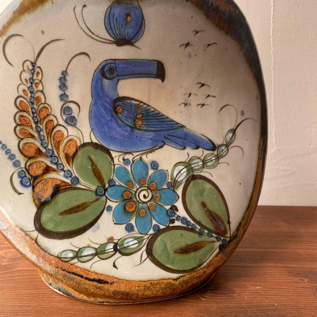 Mexico トナラ焼　大型花器　手描き　伝統工芸　ハンドペイント　オオハシ　鳥