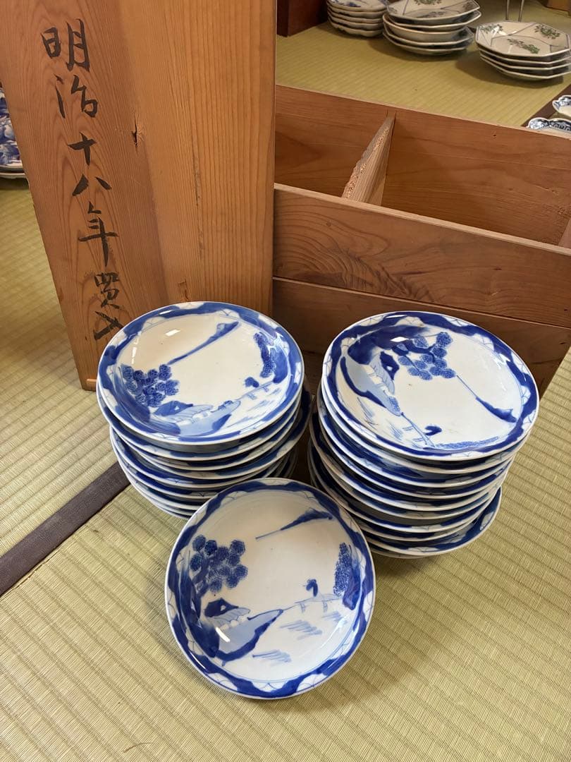 6枚セット 明治骨董 <翁と山水画>【100年前の古いお皿】15cm なます皿