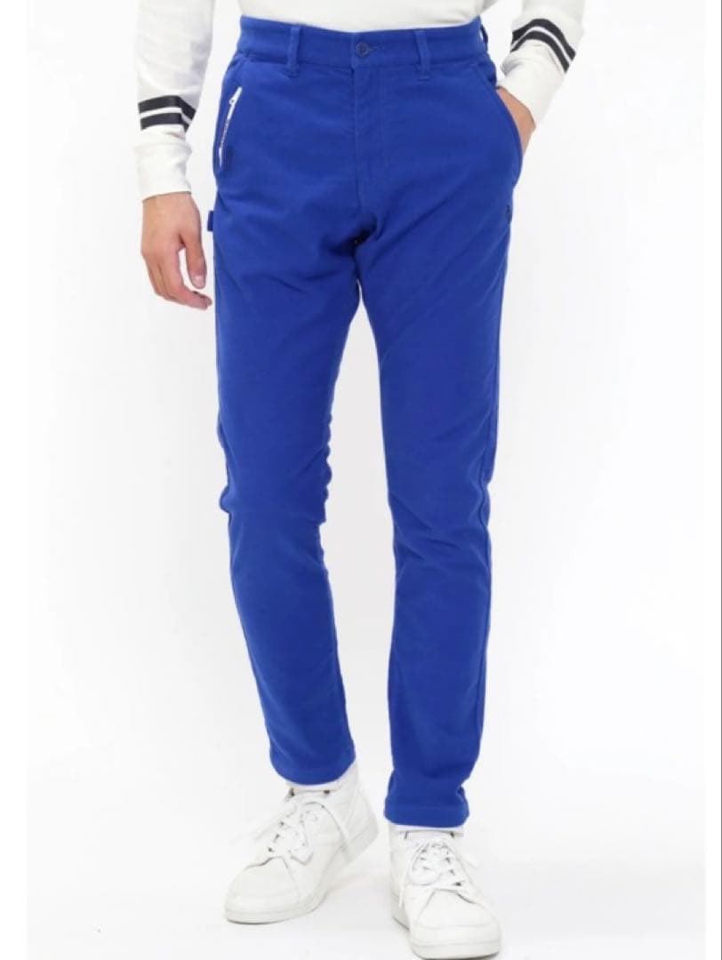 新品 パーリーゲイツ コットンストレッチバーズアイ表起毛パンツ(6)サイズLL青