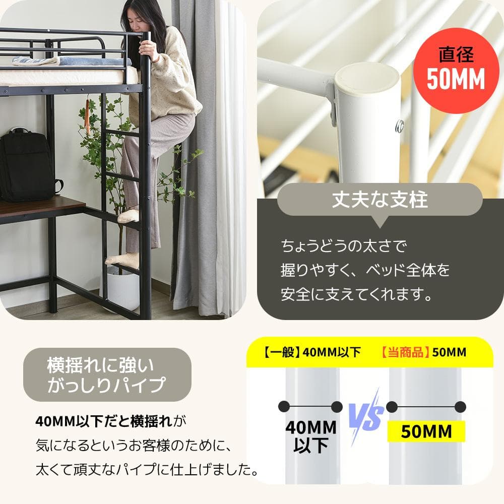 赤字セール！2色選べる！コンセント・デスク・収納付き二段ベッド　ロフトベッド耐震