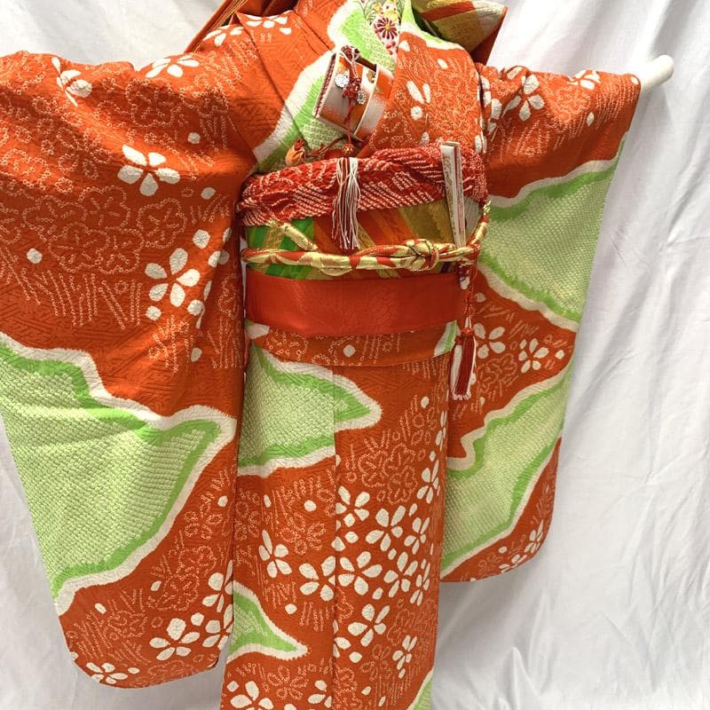 508ag53■七五三 七歳 女児 絞り染 着物&袋帯&長襦袢 トール■美品