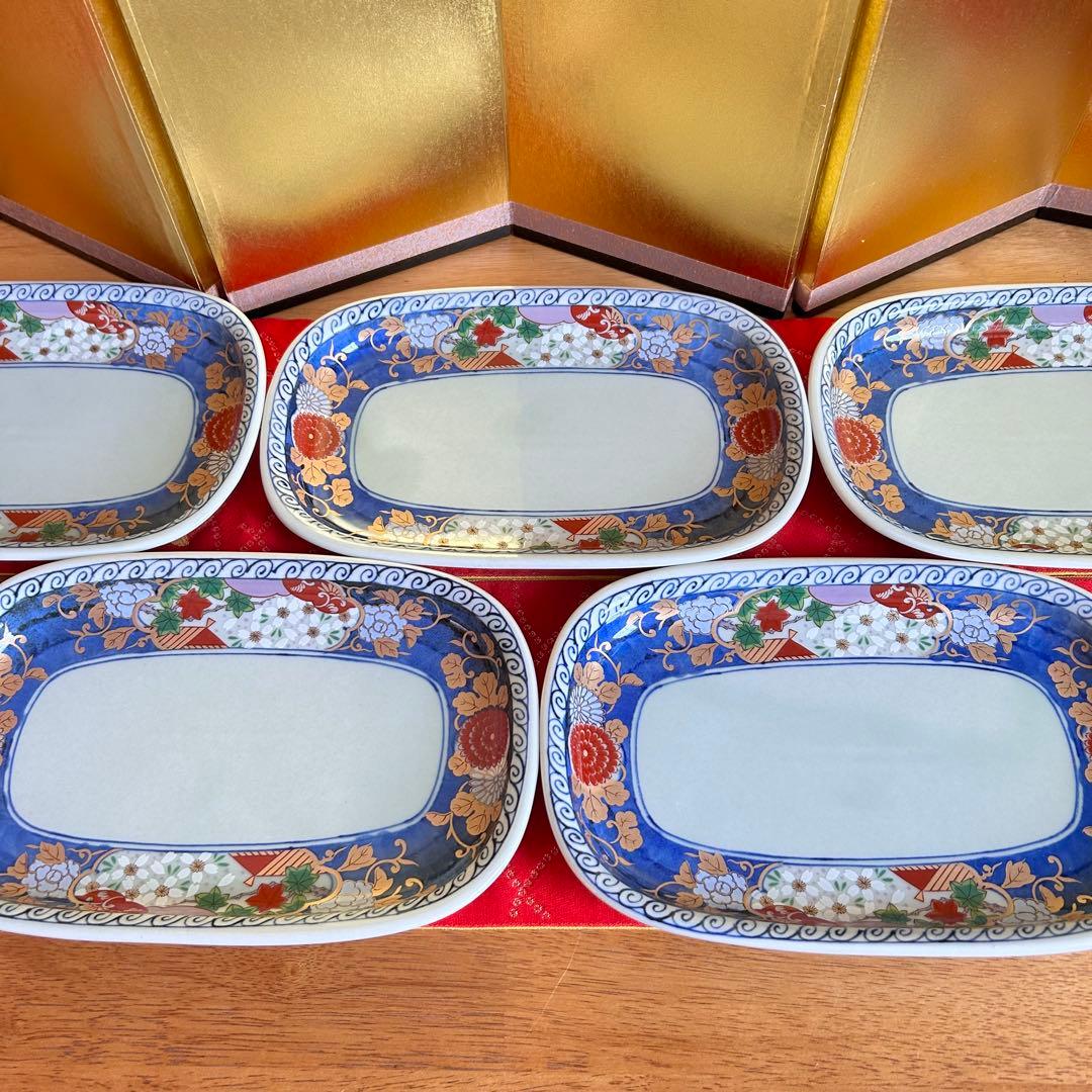 【未使用品】有田焼　清秀窯　金彩古伊万里　濃木甲　多用皿揃　楕円皿5客 元箱入り